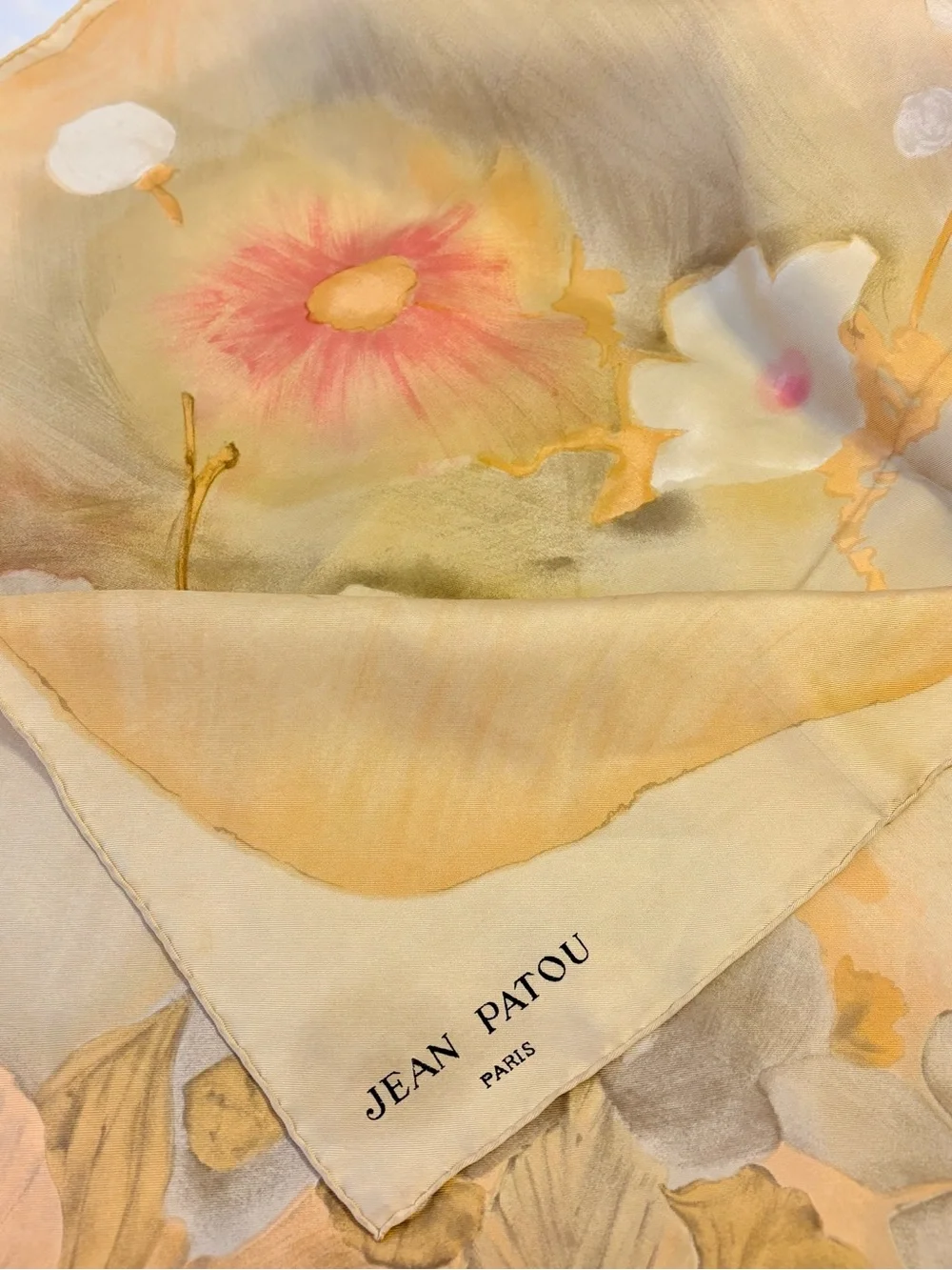 Vintage JEAN PATOU Paris 1970s Silk Scarf Watercolor Bouquet